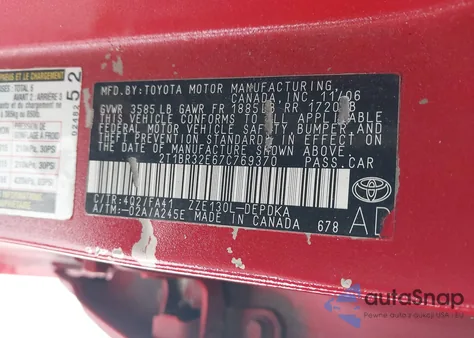 2007 Toyota Corolla Ce из США, поврежденный, VIN 2T1BR32E67C769370